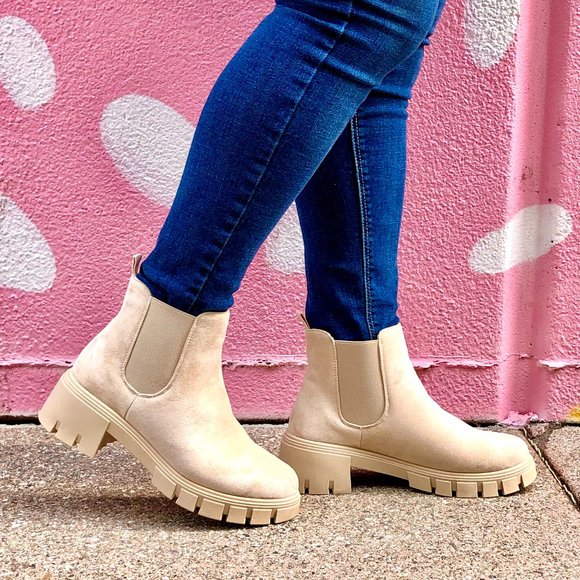 Beige Vegan Suede Lug Chelsea Boots - Picture 4 of 8
